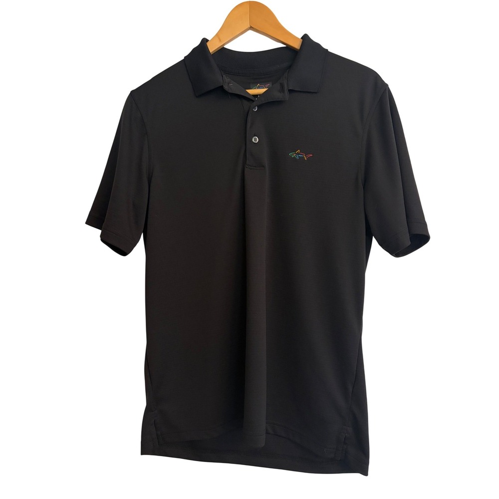 Greg Norman Play Dry‎ Mens Small Black Performance Golf Polo Shirt Shark Logo
